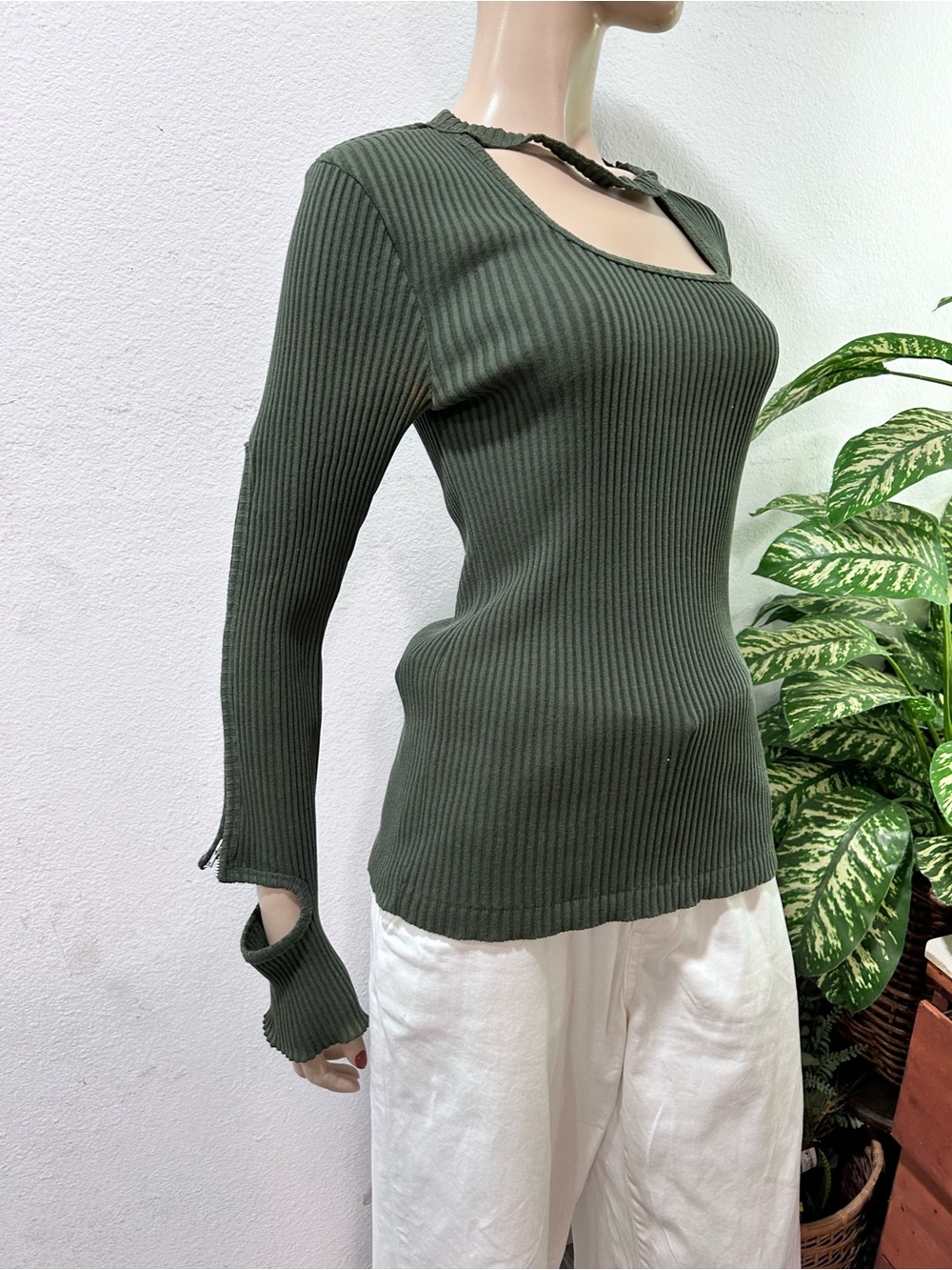 TOGA Olive Ribbed Long-Sleeve Top with Neck Cutout